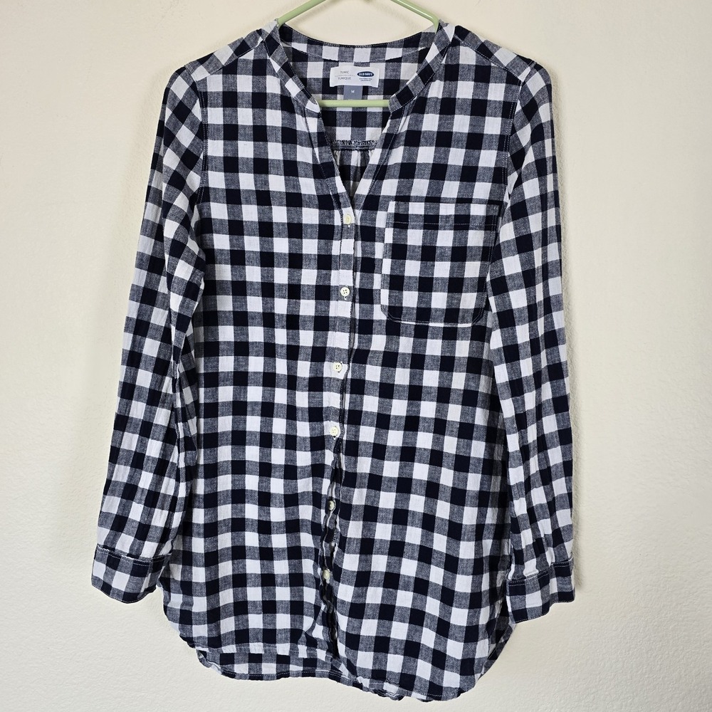 Old Navy Women's Sz Medium Linen Cotton Tunic Top Navy Popover Checkered Gingham